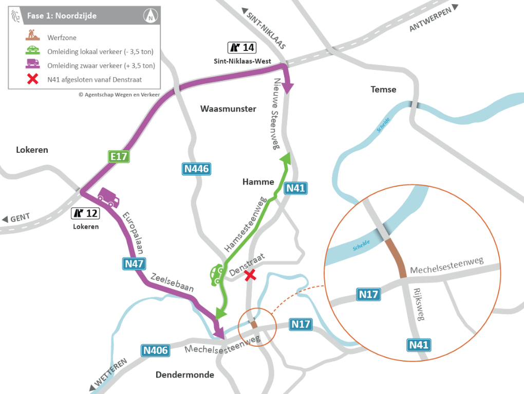 Kaart met omleidingen en werfzone noordzijde N41, Denstraat afgesloten, routes voor lokaal en zwaar verkeer.