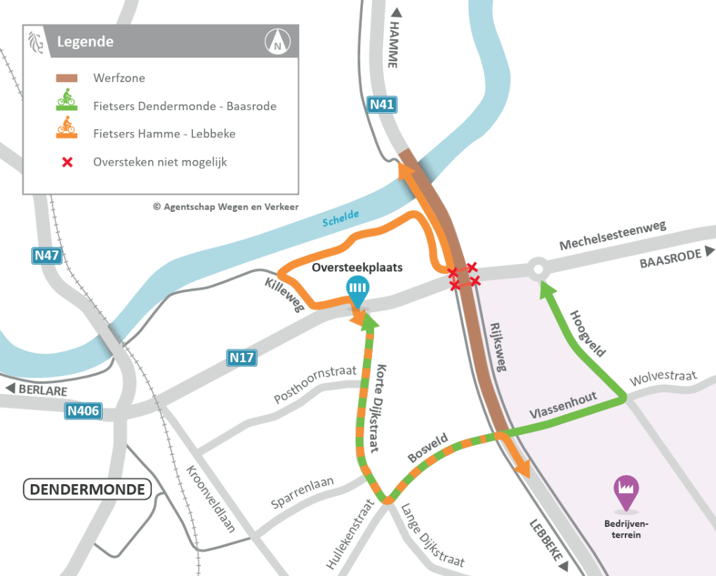 Kaart met fietsroute Dendermonde-Baasrode en Hamme-Lebbeke, inclusief werfzone en oversteekplaats.