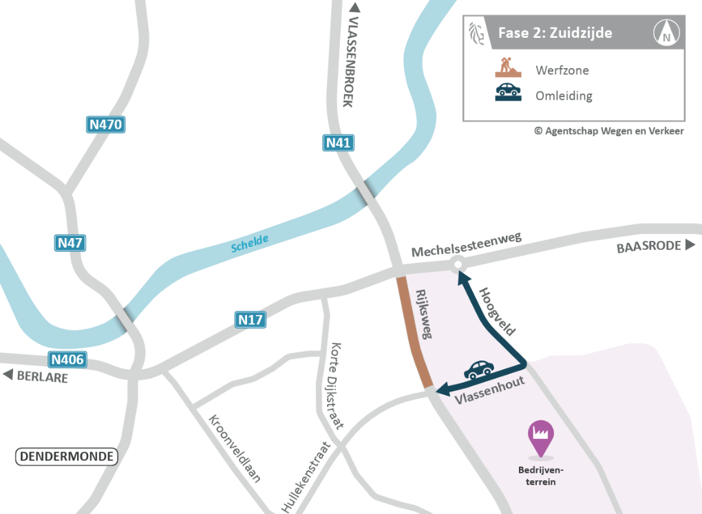 Kaart van omleiding en werfzone op zuidzijde Mechelsesteenweg bij Rijksweg in Dendermonde.